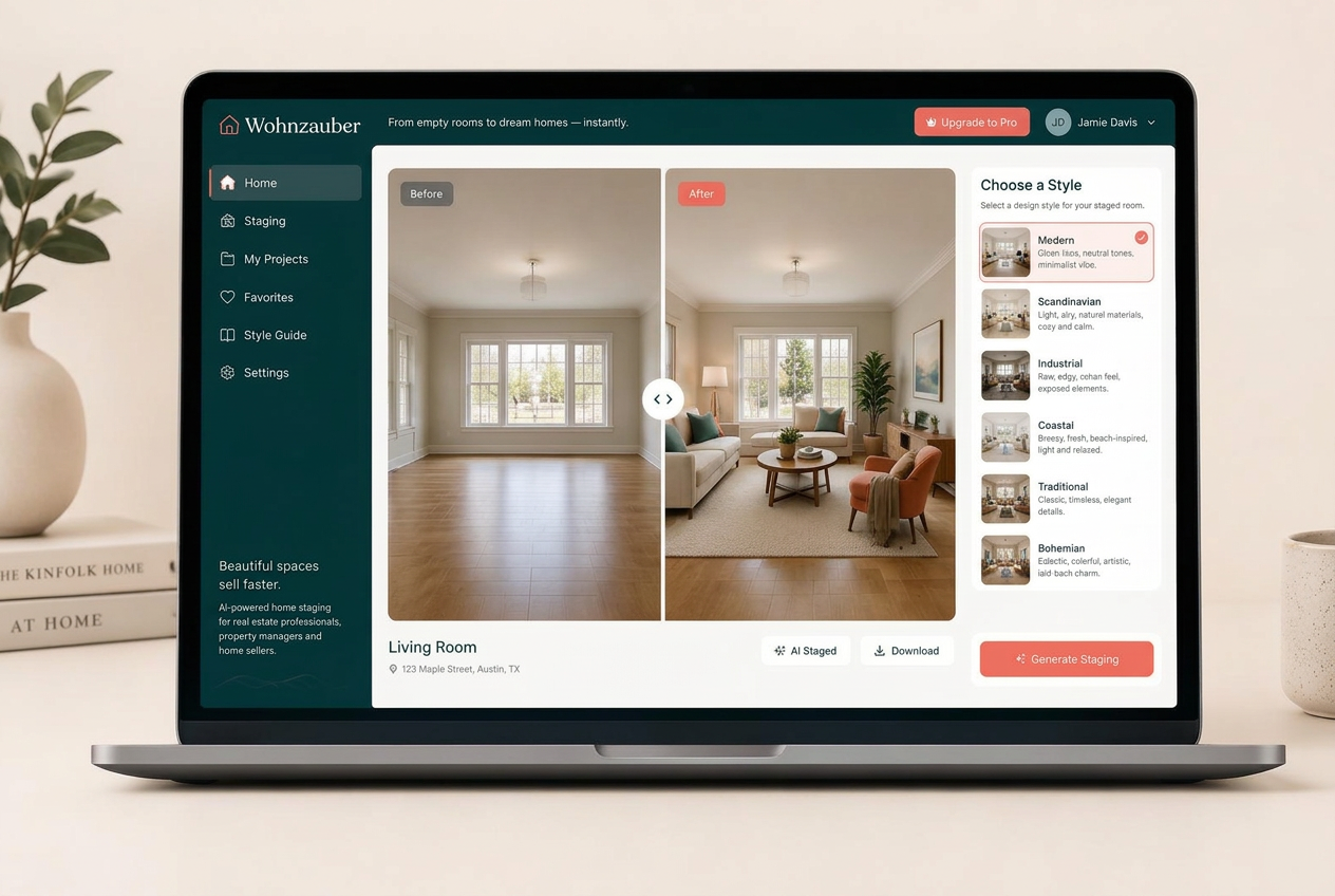 Wohnzauber dashboard showing an empty room before and after AI staging